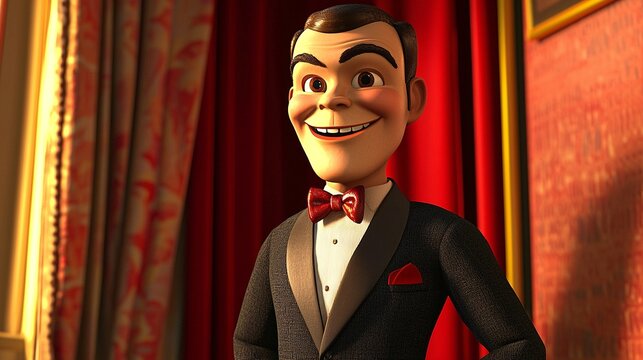 Smiling ventriloquist dummy, tuxedo, stage, curtains, film