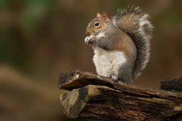 Gray squirrel on a wooden log