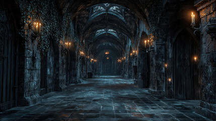 Fototapeta premium Dark gothic castle corridor with candlelight.