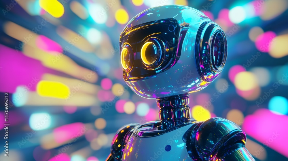 Poster robot with yellow eyes stands in front of a colorful background