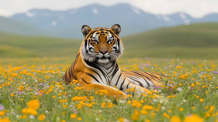 A tiger lying in a meadow filled with wildflowers, with rolling hills as the background, during a sunny spring afternoon
