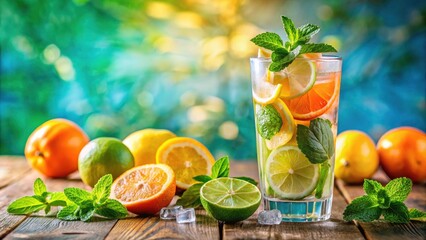 Fototapeta premium Refreshing Summer Cocktail: Citrus-Infused Mojito with Lime, Lemon, Orange, Ice, and Mint Leaves in a Glass with Copy Space for Text