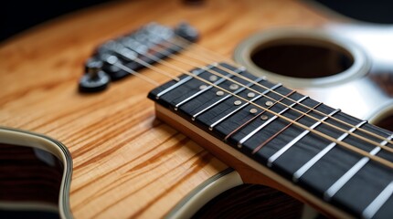 Fototapeta premium Close-up of an Acoustic Guitar's Fretboard and Body, Showcasing its Exquisite Wood Grain and Craftsmanship