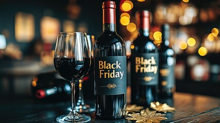 Black friday wine bottles and glass with festive lights and autumn leaves. Black Friday sale