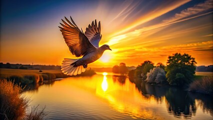 Dawn's soft light paints a riverbank scene; a majestic dove takes flight, a sunrise masterpiece.