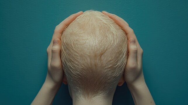 Bald caucasian young woman with hands on head against blue background