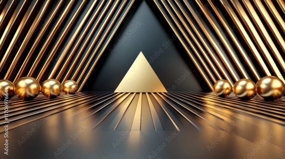 Poster dynamic golden pyramid display modern studio 3d art elegant setting
