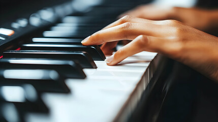 Obraz premium Close-up of hands playing a piano keyboard, showcasing musical talent and passion for music.