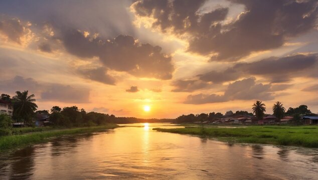 Beautiful sunset view from the Rejang River in Sibu,Sarawak. Located at Rumah Panjai Pelasu.

