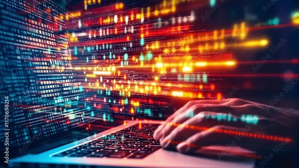 Poster virtual scene of coded data flowing from a laptop in a vibrant digital setting