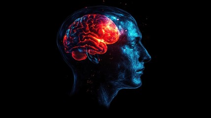 Digital visualization of a brain inside a caucasian man's profile silhouette