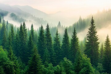 Fototapeta premium Misty morning in the alpine woods, mountain tourism advertisement, Scotland advertising