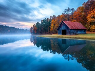 Obraz premium Serene Landscape Featuring an Old Barn with a Rusty Metal Roof by a Calm Lake Surrounded by Autumn Foliage at Dawn