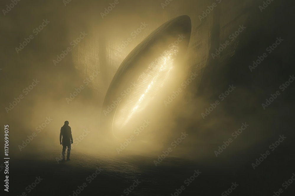 Poster man stands in front of a large, glowing object