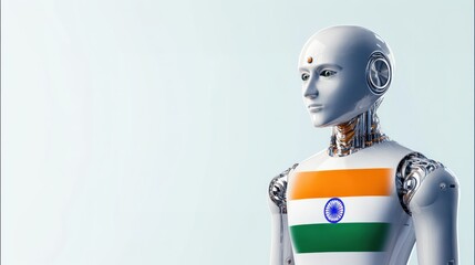 A futuristic robot with an Indian flag design on its torso stands against a light background, symbolizing technology and national pride.