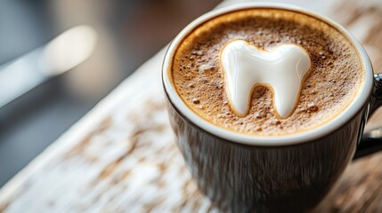 Cappuccino with foamy tooth design in black mug on rustic wooden table