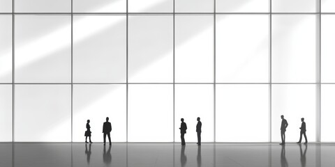 A group of people are walking in a large, empty room