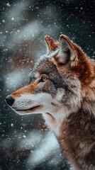 A close-up profile of a wolf amidst falling snow, showcasing its fur and intense gaze.