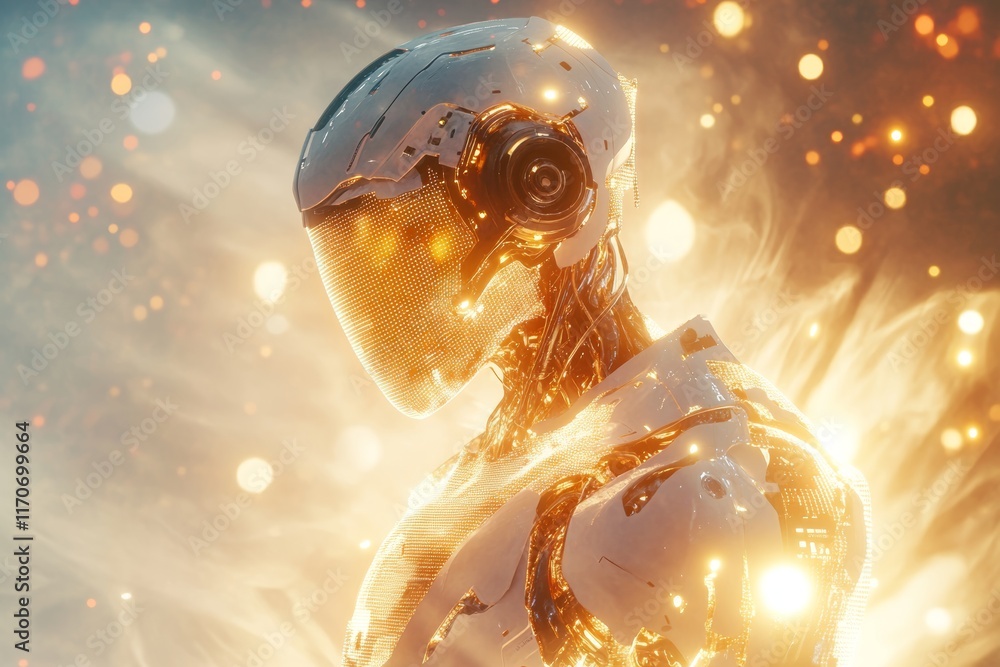 Aufkleber a high-tech robot with illuminated armor in a sci-fi environment
