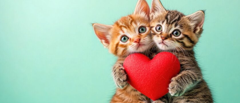 Adorable Kittens Embracing a Red Heart, Perfect for Valentines Day