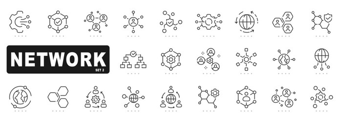 Set of network related line icons. Connect, group, link, net, team etc. Editable stroke. Set 2