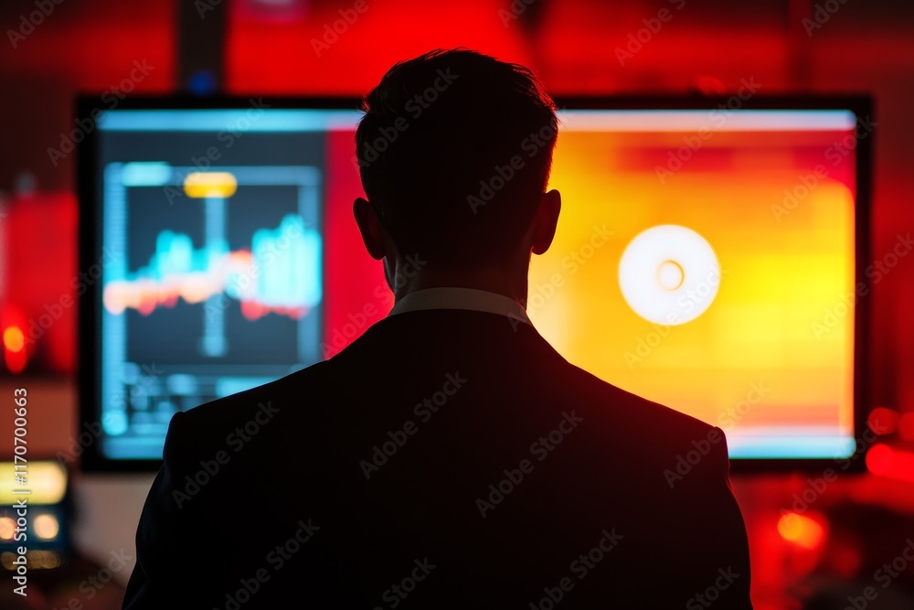 Poster business silhouette standing in front of computer screens with data
