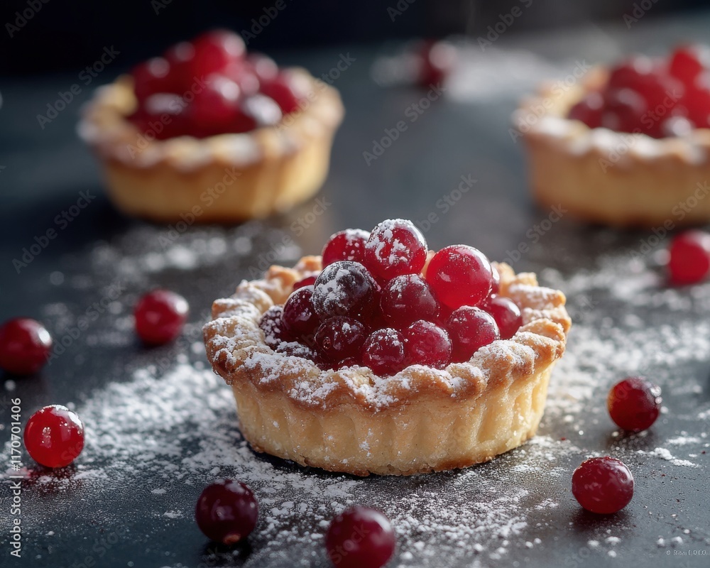 Poster delicious cranberry tarts garnished with powdered sugar, creating an inviting dessert display on a d
