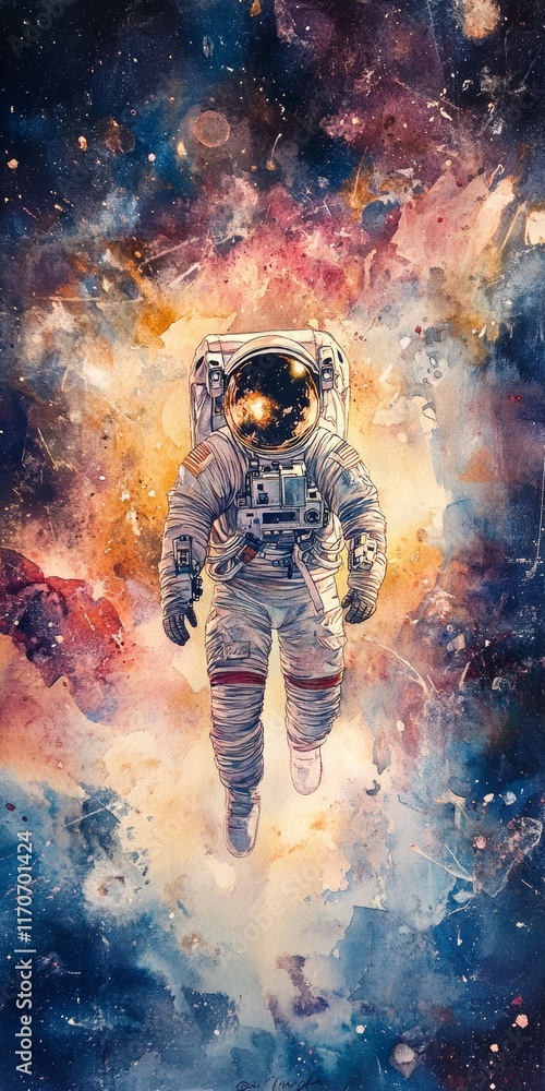 Poster astronaut floating in colorful nebula space scene with vibrant cosmic background and stars