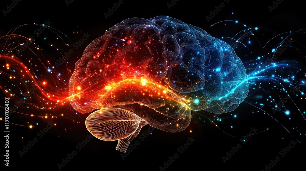 Poster colorful neural brain visualization with vivid light trails