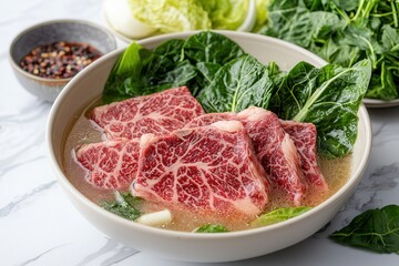 Fototapeta premium Hotpot is a flavorful food with soup. Fresh meat and greens in a flavorful broth bowl.