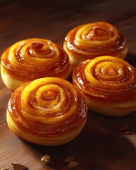 Fototapeta premium Delicious cinnamon rolls on a wooden surface, golden and glossy, perfect for a sweet treat.
