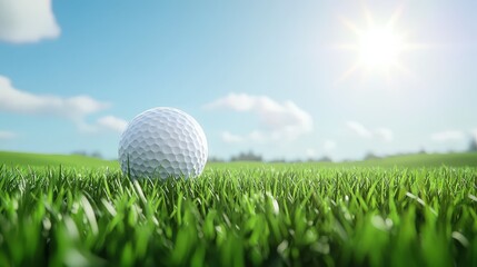 Golf ball on lush green grass under sunny sky in open field