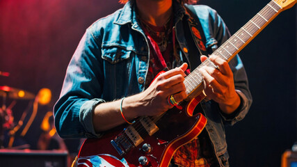 Obraz premium Close-up of hands of a musician playing guitar on stage