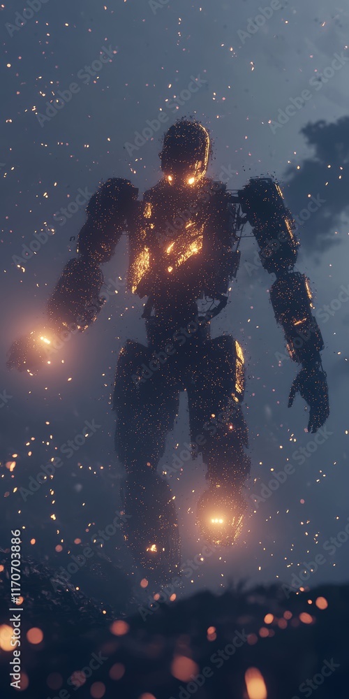 Aufkleber futuristic robot illuminated by sparks in a dark atmospheric setting with glowing elements