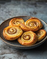Fototapeta premium Delicious cinnamon rolls served in a rustic bowl, perfect for breakfast or a sweet snack.