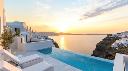 Obraz premium Sunset Luxury Villa with Infinity Pool Overlooking Aegean Sea