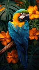 Obraz premium A vibrant macaw perched among tropical flowers and leaves.