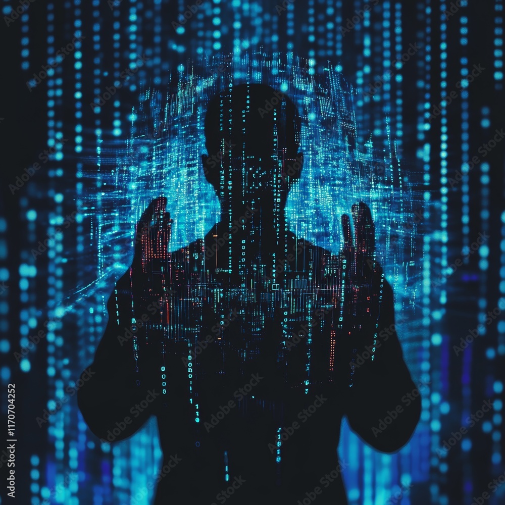 Poster shadowed figure holding a glowing digital screen surrounded by blue data streams in dark environment