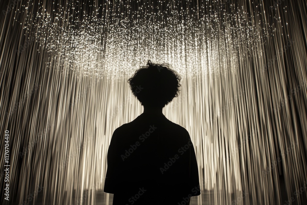 Poster silhouette of a person standing in front of an illuminated art installation with cascading lights
