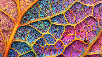 The image shows a highly magnified view of a plant's internal structure, revealing intricate patterns and vibrant colors ranging from blues and violets to oranges and yellows