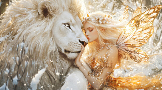 A fantasy winter scene with a delicate fairy and a majestic white lion