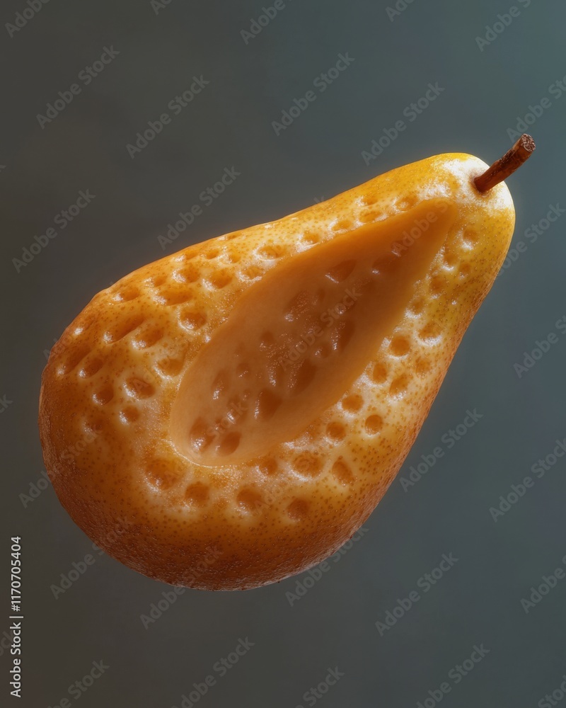 Poster close-up of a textured yellow pear, showcasing its unique hollowed interior and intricate surface pa