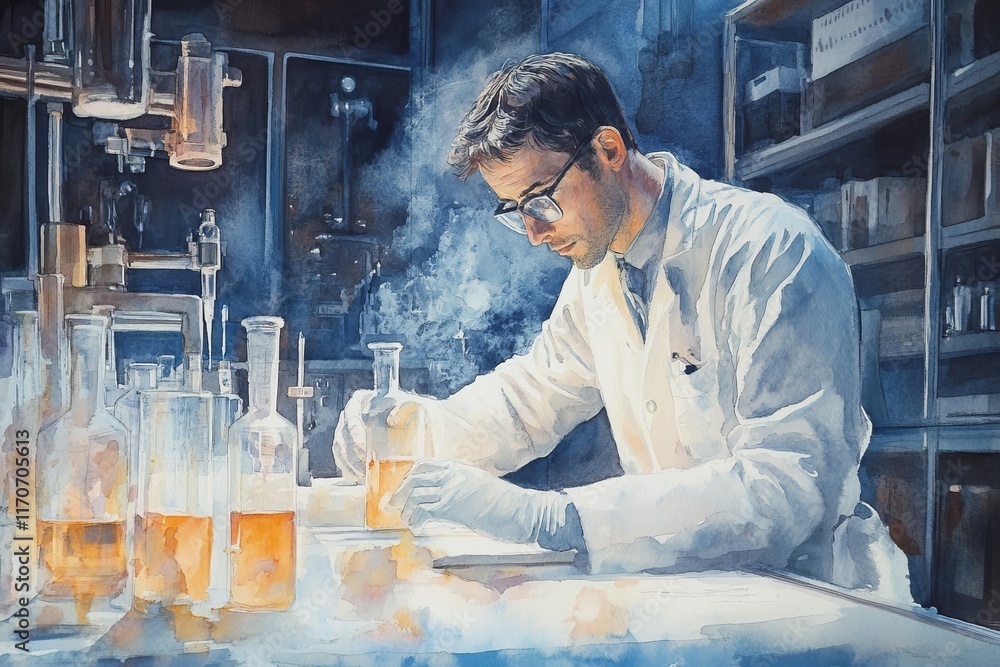 Poster a man in a lab coat is working with a beaker