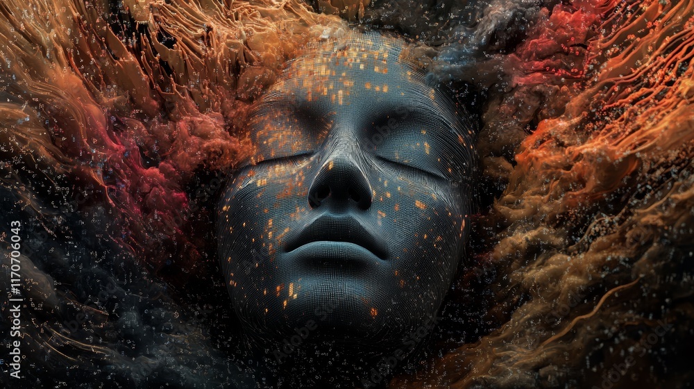 Poster abstract representation of data with human-like faces merging into dynamic forms and symbols