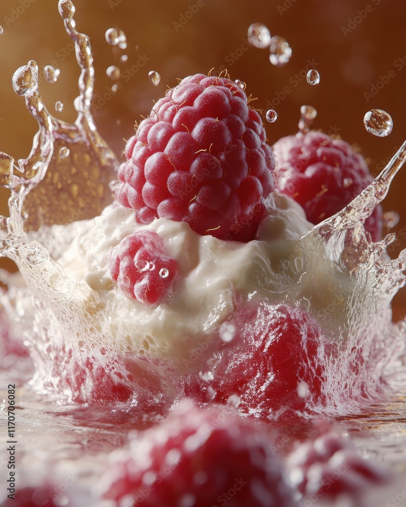 Poster ripe red raspberries splashing into creamy yogurt, creating a dynamic and vibrant scene.