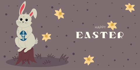 Easter banner with bunny. Hand drawn flat cartoon rabbit with egg. Holiday vector illustration