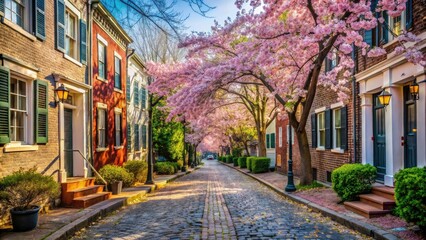 Fototapeta premium Springtime in Historical Georgetown: Charming Cobblestone Streets and Blooming Cherry Blossoms in Washington DC