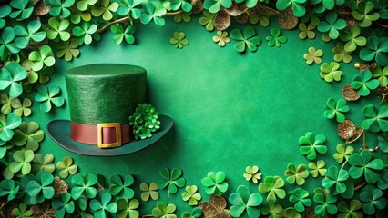St. Patrick's Day Double Exposure: Shamrock and Leprechaun Hat Border on Green Paper Background