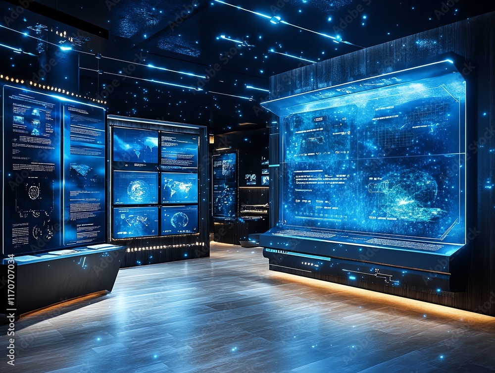 Poster futuristic data visualization: a dark, blue-lit interactive display system