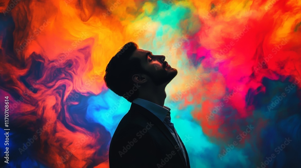 Poster a man is standing in front of a colorful background